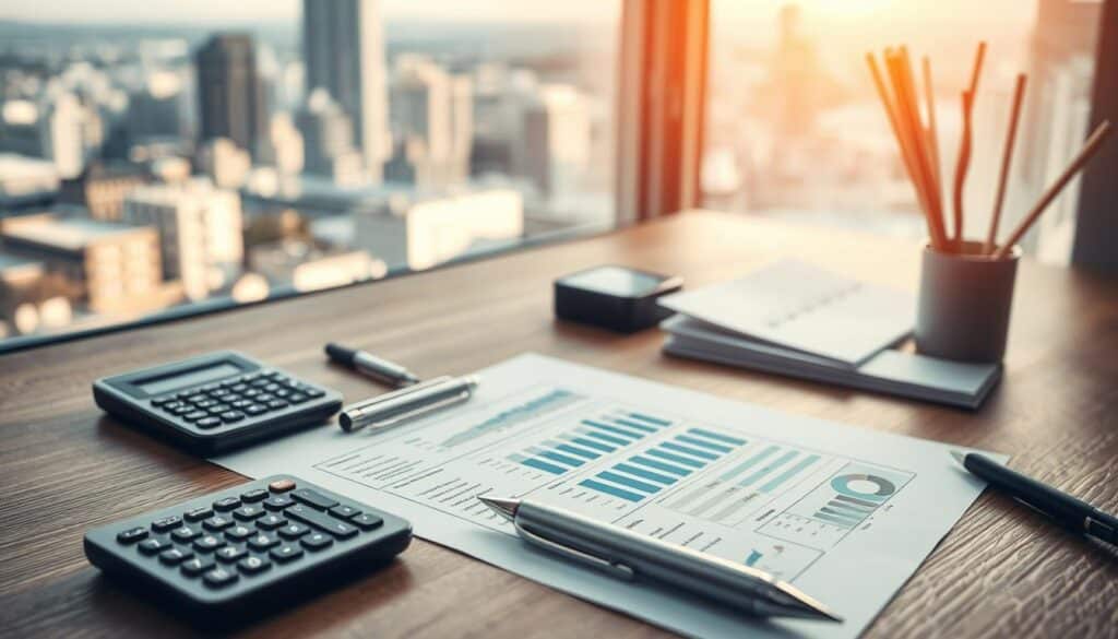 A detailed financial report displayed on a wooden desk, with a calculator, pen, and carefully organized documents. The scene is well-lit, with soft natural lighting filtering through a window, casting a warm glow on the workspace. The overall atmosphere conveys a sense of careful planning, thoughtful analysis, and financial responsibility. In the background, a cityscape or abstract financial symbols subtly suggest the broader economic context.