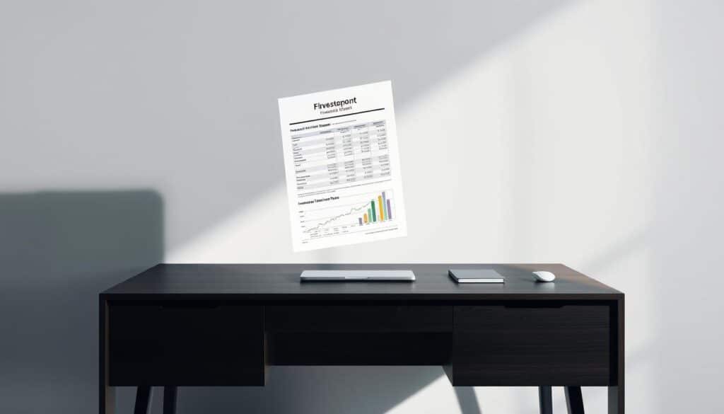 A detailed financial report floating above a sleek, modern desk. The report features a breakdown of investment taxes and fees, with clear infographics and charts. The desk is made of dark wood, with a minimalist, high-contrast design. Bright, directional lighting from above casts sharp shadows, creating a crisp, professional atmosphere. The background is a simple, uncluttered gray, keeping the focus on the financial documents. The overall scene conveys a sense of careful financial planning and optimization.