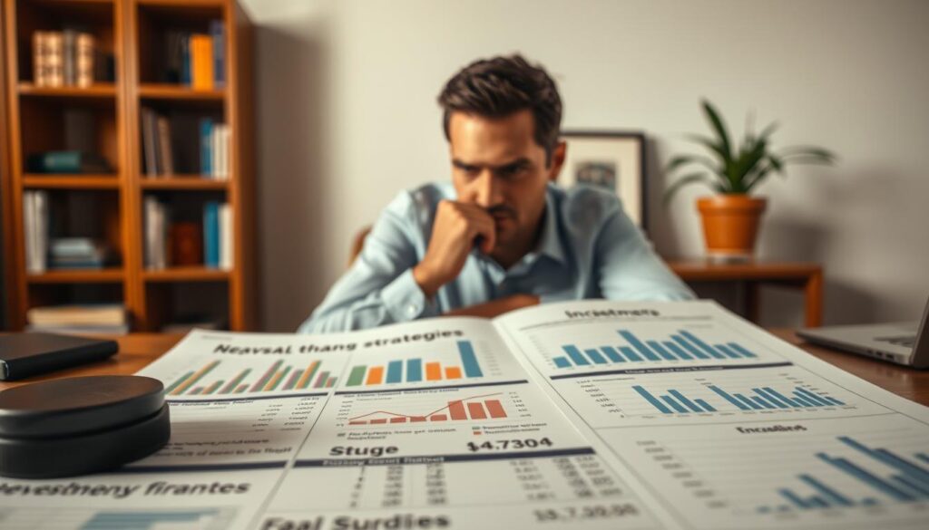 A detailed financial report showing various investment strategies and their real-world outcomes. The foreground depicts a table with neatly organized data and charts, showcasing successful and unsuccessful case studies of personal finance techniques. The middle ground features a contemplative investor studying the information, brow furrowed in deep consideration. The background softly blurs, with a bookshelf and potted plant adding a sense of a professional, thoughtful workspace. The lighting is warm and focused, creating a mood of serious analysis and discovery. The angle is a clean, centered composition that invites the viewer to engage closely with the wealth of financial insights presented.