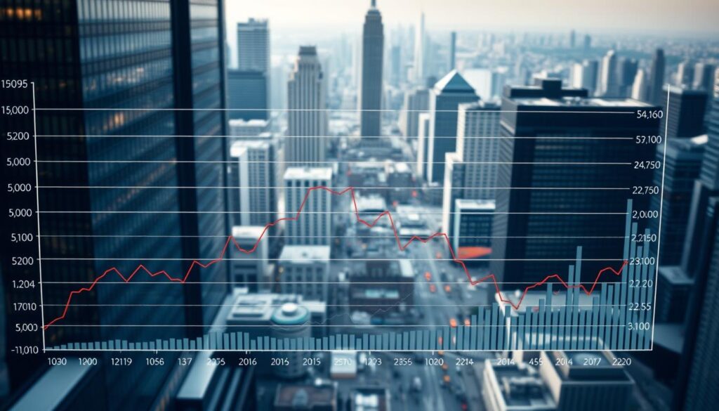 A detailed graph displaying various economic indicators, such as GDP, inflation, unemployment, and interest rates, against a backdrop of a cityscape with skyscrapers and bustling activity. The indicators are presented in a clean, data-visualization style with clear labeling and color-coding. The overall scene conveys a sense of financial analysis and decision-making, with the graph taking center stage and the city providing a contextual frame. Lighting is soft and directional, creating depth and highlighting the key information. The camera angle is slightly elevated, providing an overview of the scene and emphasizing the data's significance.