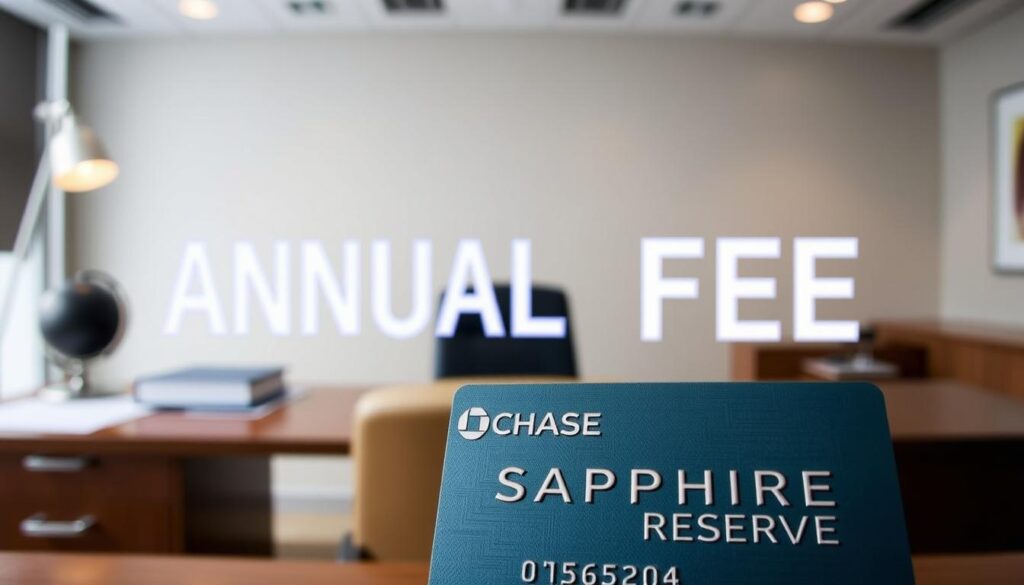 A detailed, high-quality photograph of the annual fee for the Chase Sapphire Reserve credit card. The frame shows the credit card itself in the foreground, with a clear, sharp focus on the text "CHASE SAPPHIRE RESERVE" and the card's metallic finish. In the middle ground, a crisp, readable display shows the annual fee amount in large, bold text. The background is a clean, minimalist office setting with a wooden desk, subtle lighting, and a sense of professionalism and sophistication. The overall mood is one of prestige, luxury, and financial responsibility, conveying the premium nature of the Chase Sapphire Reserve card.