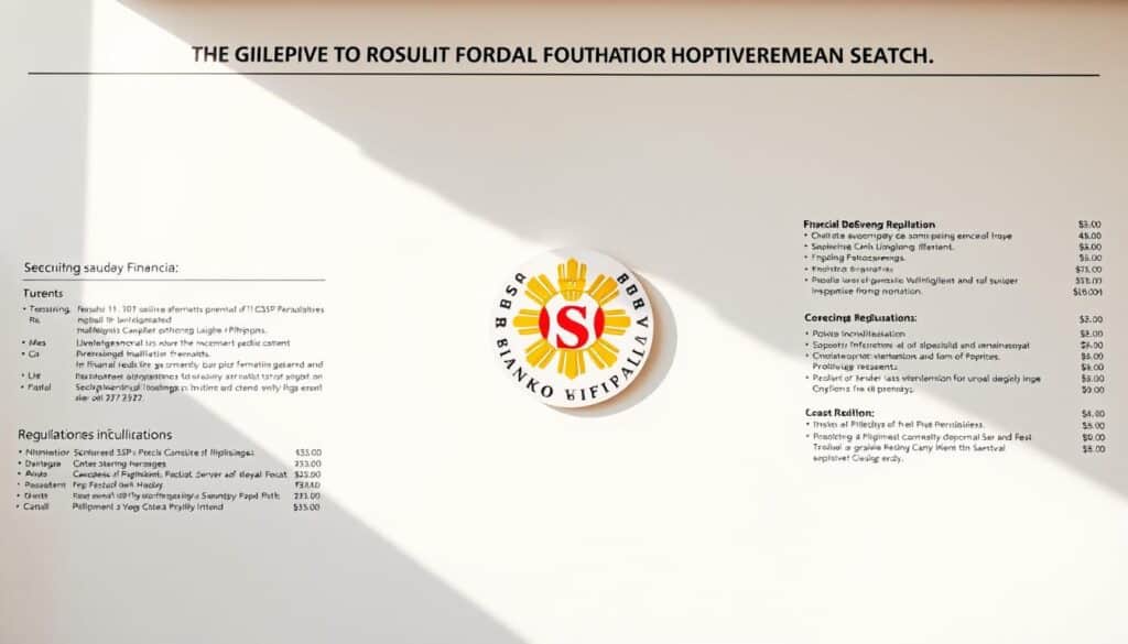 A detailed, high-resolution image of the Bangko Sentral ng Pilipinas (BSP) logo and credit information displayed on a clean, minimalist white background. The logo is prominently featured in the center, with financial data and regulations surrounding it in an organized, visually appealing layout. Warm, natural lighting illuminates the scene, creating a professional, authoritative atmosphere. The composition uses a balanced, symmetrical design to convey a sense of stability and trustworthiness, reflecting the role of the BSP in overseeing the Philippine financial system.