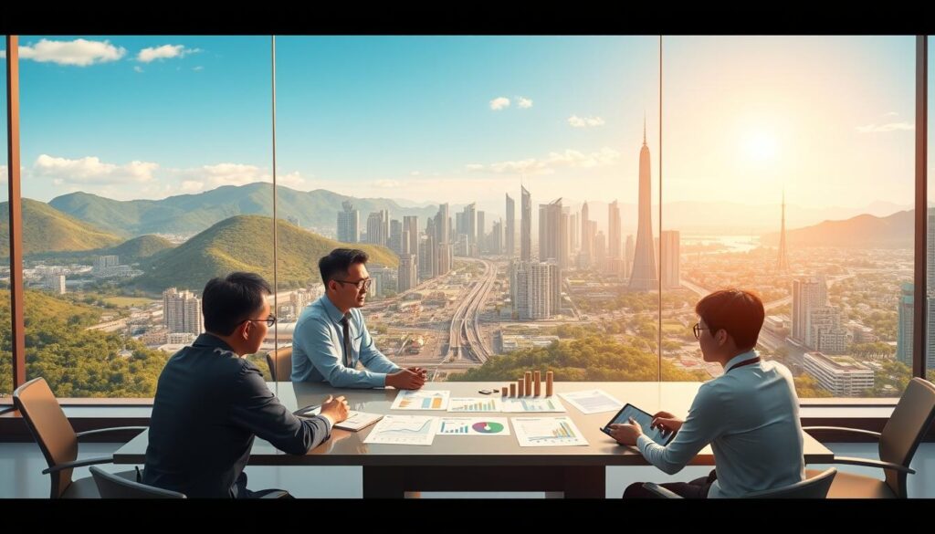 A detailed illustration of Thailand's economic policies, showcasing a modern, progressive landscape. In the foreground, a team of government officials and economists gather around a sleek conference table, discussing charts and graphs projecting economic growth. The middle ground features a bustling cityscape, with gleaming skyscrapers, thriving industries, and a network of efficient transportation systems. In the background, lush green hills and a clear blue sky set the stage for Thailand's promising economic future. Warm, natural lighting casts a sense of optimism, while a subtle depth of field draws the viewer's attention to the key focus areas. This cohesive scene reflects the strategic direction and positive impacts of Thailand's economic policies on the nation's prosperity in 2025.