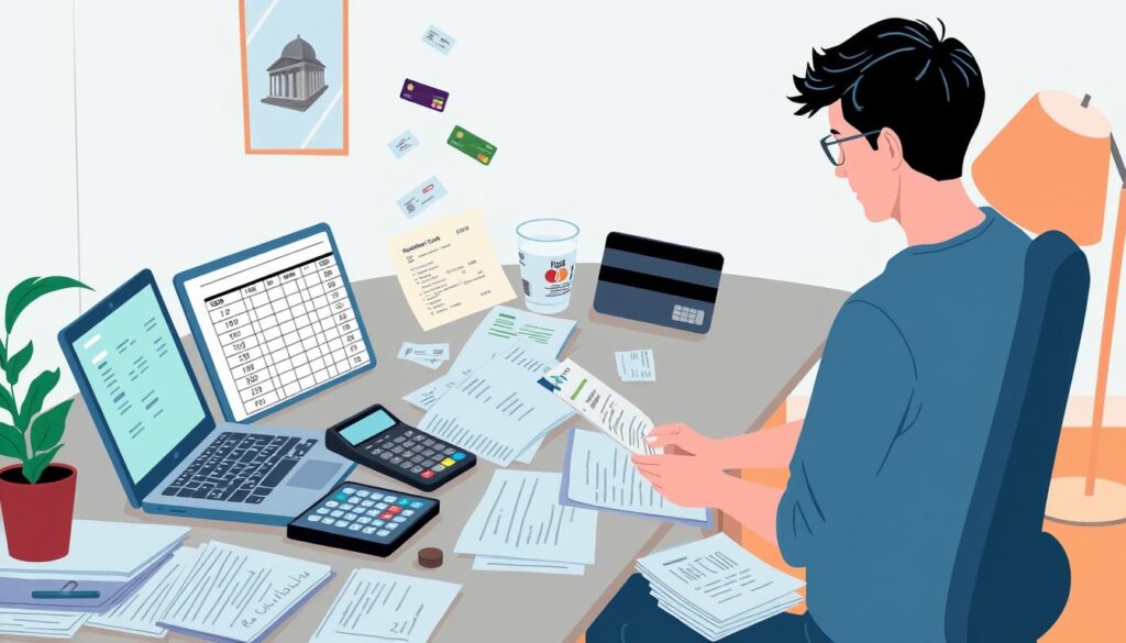 A detailed illustration of a person carefully organizing and managing their credit card debt. The foreground features a person sitting at a desk, surrounded by financial documents, a calculator, and a laptop displaying a debt tracking spreadsheet. The middle ground showcases various credit cards, bills, and payment reminders, emphasizing the complexity of managing multiple debts. The background depicts a serene, minimalist office environment with warm lighting, creating a sense of focus and control. The overall scene conveys a thoughtful, structured approach to tackling high-interest credit card debt, in line with the article's focus on smart credit card usage.