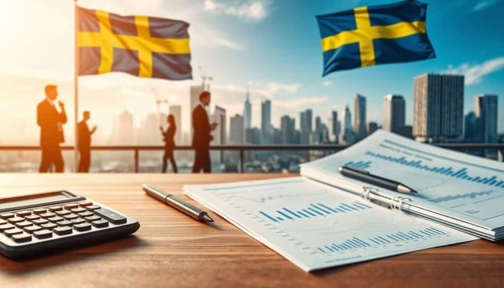 A detailed illustration of financial instruments and tax implications related to stock trading in Sweden. In the foreground, a calculator, stock market graphs, and financial documents are neatly arranged on a wooden desk. The middle ground features a Swedish flag and silhouettes of stock traders, conveying the domestic context. In the background, a modern city skyline with sleek high-rise buildings, suggesting the urban financial landscape. The lighting is soft and warm, creating a professional, authoritative atmosphere. The composition is balanced and symmetrical, emphasizing the analytical and organized nature of the subject matter.