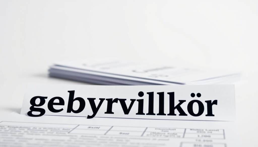 A detailed illustration of financial terms and conditions displayed on a document with a clean, minimalist aesthetic. The foreground showcases the main text "gebyrvilkår" in a sans-serif font, with clear and legible typography. The middle ground features a stack of paper documents, each with crisp, high-contrast details that mimic the appearance of legal contracts or banking statements. The background is a soft, neutral gradient, providing a calming and professional atmosphere. Subtle lighting creates depth and highlights the textures of the paper, while the camera angle is slightly angled to convey a sense of authority and importance. Overall, the image effectively communicates the concept of understanding financial terms and conditions.