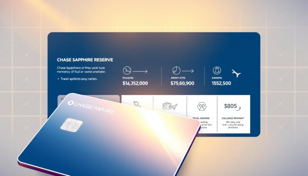 A detailed illustration of the Chase Sapphire Reserve rewards program, showcasing its key features in a sleek and modern design. In the foreground, a stylized Chase Sapphire Reserve card commands attention, its metallic surface reflecting the light. In the middle ground, a clean and minimalist layout presents the program's rewards tiers, travel benefits, and earning rates, using simple iconography and balanced typography. The background features a subtle geometric pattern, lending an air of sophistication and exclusivity. The overall scene is bathed in a warm, golden light, creating a sense of premium quality and prestige associated with the Chase Sapphire Reserve brand.