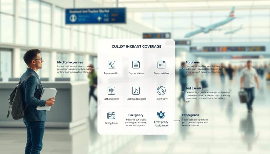 A detailed illustration of the coverage provided by a travel insurance policy. In the foreground, a person standing at an airport check-in counter, holding their travel documents. Behind them, a visual breakdown of the various components of the travel insurance, such as medical expenses, trip cancellation, lost or delayed baggage, and emergency assistance. The middle ground features a clean, minimalist layout with icons and infographic-style graphics, conveying the key information in a clear and concise manner. The background is a softly blurred airport scene, with people moving through the terminal and planes taking off in the distance, creating a sense of motion and the context of travel. The overall mood is informative, with a touch of sophistication and professionalism to match the subject matter.