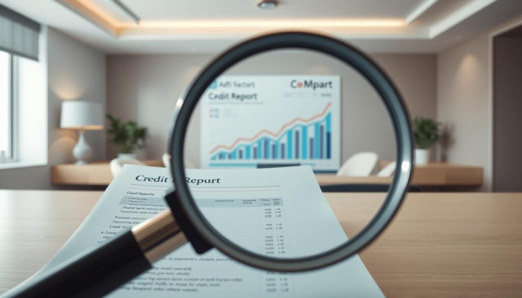 A detailed illustration of the key factors affecting credit score, captured in a realistic and visually striking manner. In the foreground, a magnifying glass hovers over a credit report, highlighting the salient data points that impact creditworthiness. The middle ground features a sleek, modern graph depicting credit utilization, payment history, and other relevant metrics. In the background, a serene and professional office setting with clean lines and muted tones sets the tone. Soft, directional lighting illuminates the scene, creating depth and emphasizing the importance of understanding the various factors that shape one's credit score. The overall composition conveys a sense of clarity, financial responsibility, and the significance of managing one's credit profile effectively.