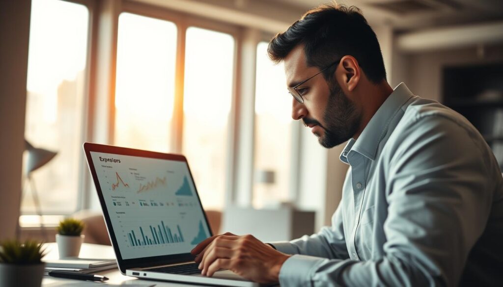 A detailed image of financial management strategies, showcasing a businessman closely examining expense reports and charts on a laptop screen. The scene is set in a modern, well-lit office environment with clean, minimalist decor. Warm, natural lighting filters in through large windows, creating a professional and productive atmosphere. The focus is on the decision-making process, with the businessman's facial expression conveying thoughtful concentration. The background features subtle visual cues like financial graphs and icons, reinforcing the overall theme of financial planning and cost optimization. A detailed image of financial management strategies, showcasing a businessman closely examining expense reports and charts on a laptop screen. The scene is set in a modern, well-lit office environment with clean, minimalist decor. Warm, natural lighting filters in through large windows, creating a professional and productive atmosphere. The focus is on the decision-making process, with the businessman's facial expression conveying thoughtful concentration. The background features subtle visual cues like financial graphs and icons, reinforcing the overall theme of financial planning and cost optimization.