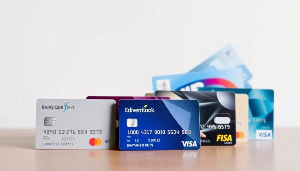 A detailed image of various popular student bank cards displayed against a clean, well-lit background. The cards are shown at a slight angle, capturing their front and back sides in crisp detail. The cards feature distinctive logos, colors, and design elements that characterize the different banking institutions. The overall composition conveys a sense of professionalism and consumer-friendly presentation, suitable for an informative article on the best student banking options.