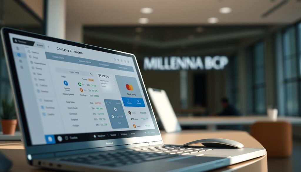 A detailed image showcasing the "Contas à ordem Millennium" account. A modern, clean-lined banking interface dominates the foreground, with seamless navigation and intuitive controls. The middle ground features customer account details, transaction history, and interactive widgets. In the background, a soft blur of the Millennium BCP logo and branding elements convey a sense of security and trust. The lighting is natural yet directional, casting subtle shadows that enhance the depth and dimensionality of the scene. The overall tone is one of professionalism, efficiency, and user-friendliness, aligning with the "Benefícios e flexibilidade" theme of the article. A detailed image showcasing the "Contas à ordem Millennium" account. A modern, clean-lined banking interface dominates the foreground, with seamless navigation and intuitive controls. The middle ground features customer account details, transaction history, and interactive widgets. In the background, a soft blur of the Millennium BCP logo and branding elements convey a sense of security and trust. The lighting is natural yet directional, casting subtle shadows that enhance the depth and dimensionality of the scene. The overall tone is one of professionalism, efficiency, and user-friendliness, aligning with the "Benefícios e flexibilidade" theme of the article.