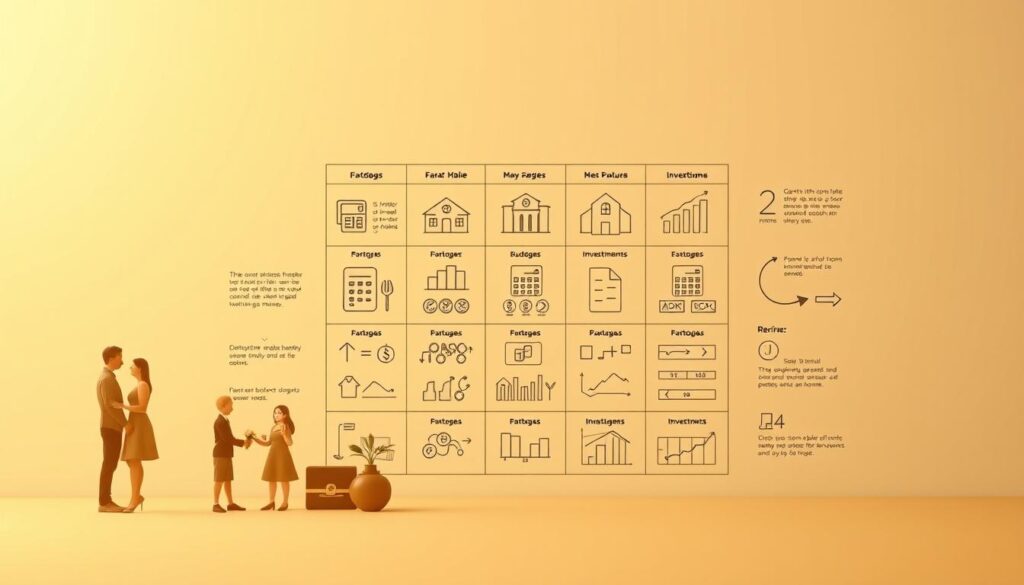 A detailed infographic displaying various budgeting methods and approaches for diverse life situations. A sleek, minimalist design with clean lines and a muted color palette. In the foreground, a set of icons representing different financial scenarios - a young couple planning a wedding, a family saving for a home, a retiree managing investments. In the middle ground, a grid of budget calculation formulas and strategies, illustrated with simple diagrams and charts. The background features a subtle gradient, lending a sense of depth and sophistication. Warm, soft lighting casts a professional, authoritative tone, guiding the viewer through the intricacies of personal finance management.