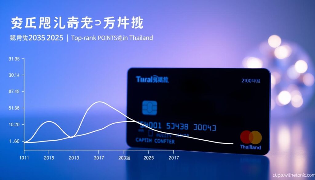 A detailed infographic showcasing the cumulative points or "คะแนนสะสม" of various high-ranking credit cards in Thailand for the year 2025. The foreground depicts a minimalist line graph or chart with clear data visualization, highlighting the comparative point accumulation rates and thresholds. The middle ground features product shots of the top credit card models, captured in a clean, studio-like setting with soft lighting and a subtle depth of field. The background subtly blends shades of blue and teal, evoking a sense of financial security and reliability. The overall composition strikes a balance between informative clarity and aesthetic appeal, making it an ideal visual representation for the "เปรียบเทียบบัตรเครดิตตามสิทธิประโยชน์" section of the article.