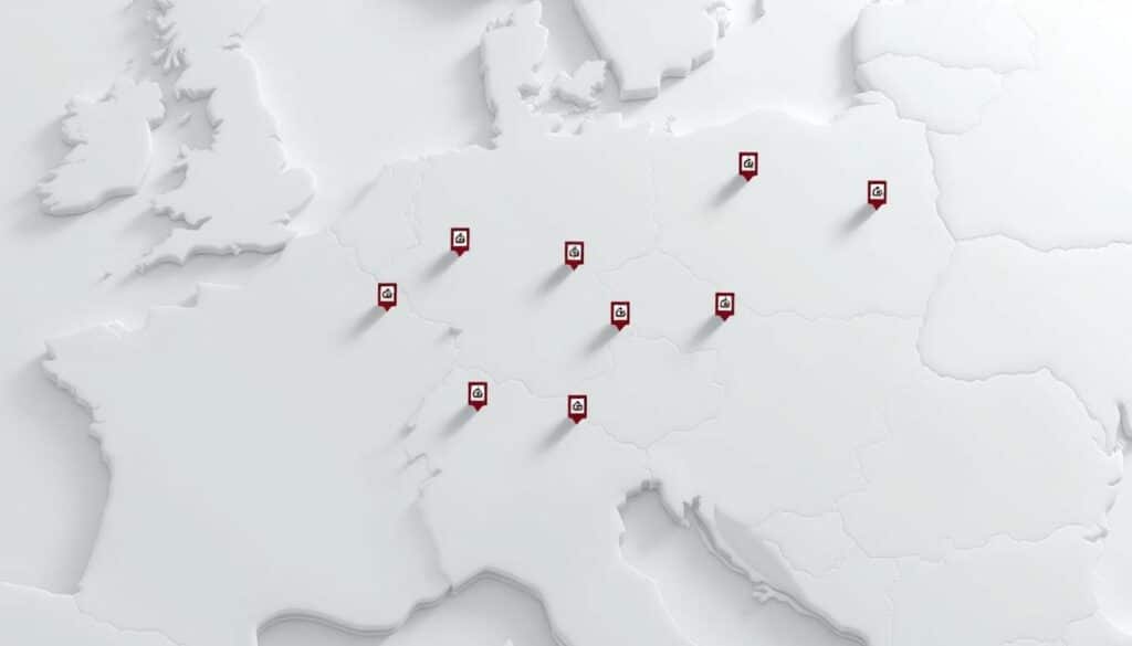 A detailed map of the ČSOB ATM network across the Czech Republic, showcasing the extensive coverage and accessibility of the bank's cash withdrawal services. The map is rendered in a clean, minimalist style with precise geographical details, highlighting the locations of individual ATM machines with clear icons. The image has a cool, neutral color palette, conveying a sense of professionalism and reliability. The scene is illuminated by soft, directional lighting, creating depth and emphasizing the spatial relationships between the ATM locations. The overall composition is balanced and visually appealing, making it an informative and visually striking representation of the ČSOB ATM network.