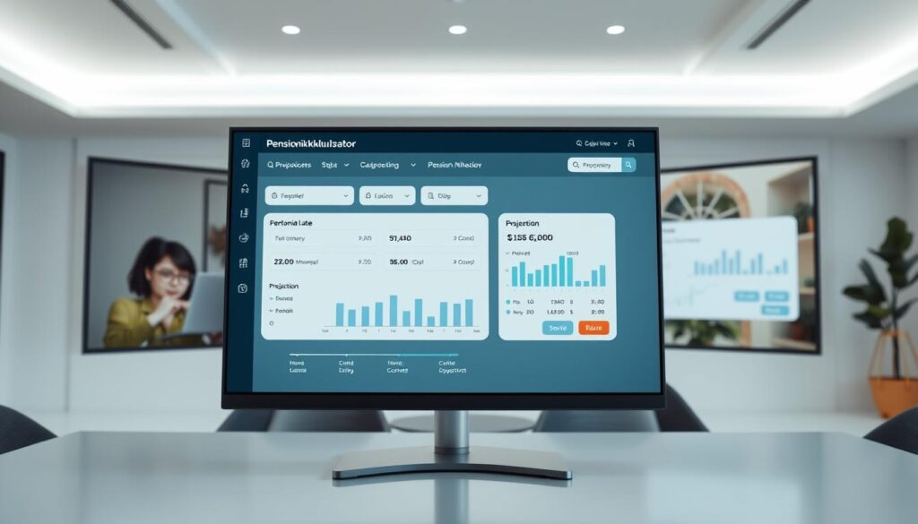 A detailed pensionikalkulaator interface displayed on a modern, high-resolution digital screen. The foreground features a clean, intuitive layout with input fields, sliders, and interactive visualizations allowing the user to input personal financial data and see projections of their future pension income. The middle ground showcases additional tools and calculators, while the background depicts a minimalist, neutral office environment with hints of nature to convey a sense of calm and financial security. The lighting is soft and diffused, creating a professional yet approachable atmosphere. The overall mood is one of clarity, reliability, and empowerment, reflecting the purpose of this digital pension planning tool.