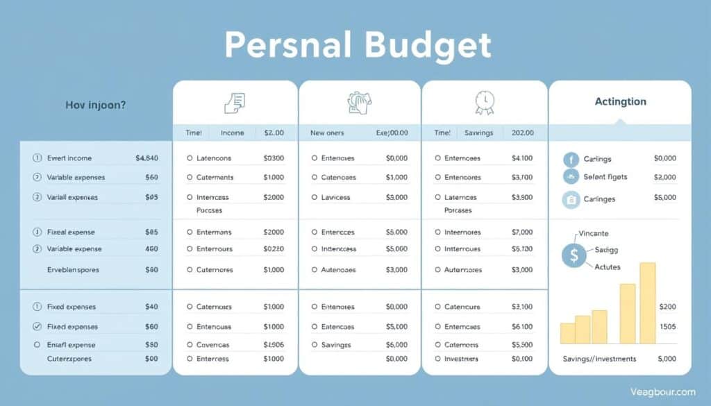 A detailed personal finance chart showcasing a well-structured personal budget. The chart features distinct sections for income, fixed expenses, variable expenses, and savings/investments, all presented in a clean, infographic-style layout. The design uses a muted color palette of blues and greys to convey a sense of professionalism and practicality. Minimalist icons and clear data visualization techniques are employed to make the budget components easy to understand at a glance. The overall tone is one of organization, efficiency, and financial responsibility, reflecting the importance of creating a personalized, actionable budget to achieve one's financial goals.