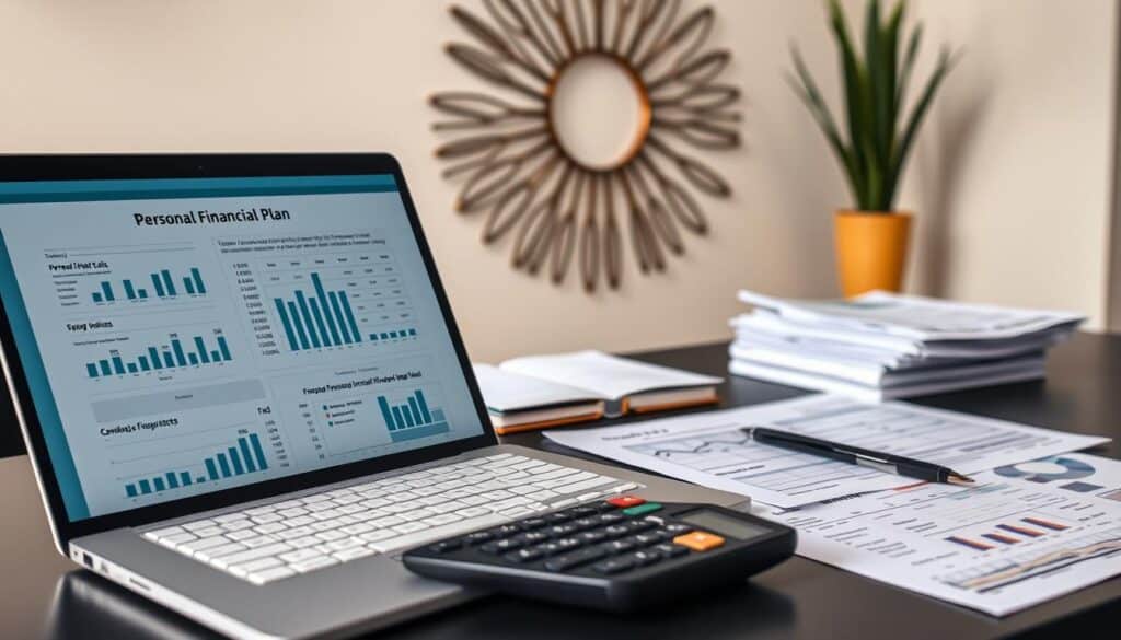 A detailed personal financial plan displayed on a modern desk setup. In the foreground, a sleek laptop showcases various financial documents and spreadsheets. In the middle ground, a pen, calculator, and a neatly organized stack of papers create a sense of professionalism. The background features a minimalist wall decor, allowing the financial plan to be the focal point. The lighting is soft and natural, casting a warm glow over the scene. The overall atmosphere conveys a sense of organization, efficiency, and control over one's financial future.
