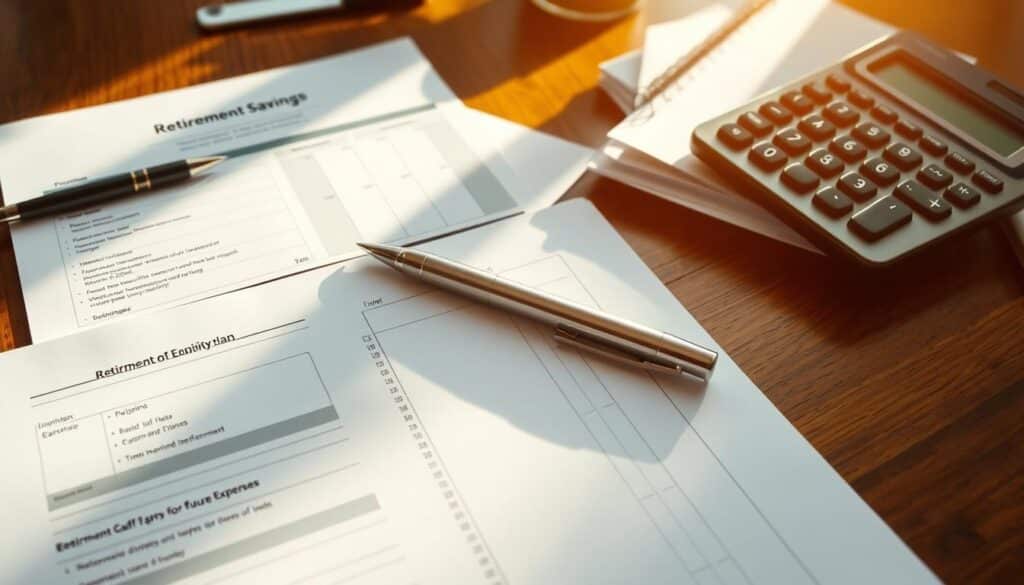 A detailed personal financial plan laid out on a wooden table, with a calculator, pen, and carefully organized documents. The scene is bathed in warm, natural lighting, creating a sense of focused, thoughtful planning. The documents feature line items for retirement savings, investment strategies, and budgeting for future expenses. The overall atmosphere conveys a sense of diligence, responsibility, and a determination to secure a comfortable retirement.
