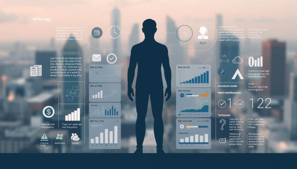 A detailed personal risk profile illustration showcasing various risk factors and their visual representations. In the foreground, a central human figure stands, surrounded by a series of graphical icons and data visualizations highlighting aspects of their financial well-being, investment preferences, and risk tolerance. The middle ground features a grid-like layout with charts, graphs, and risk assessment scales. In the background, a softly blurred cityscape provides a sense of context, with muted tones and subtle lighting creating a professional, analytical atmosphere. The overall composition aims to convey a comprehensive, data-driven approach to evaluating individual risk profiles and guiding appropriate investment strategies.