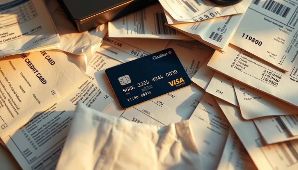 A detailed, real-world scene of various credit card bills, receipts, and statements spread across a desk or table. The items are neatly arranged, with a credit card prominently displayed in the center. Warm, natural lighting illuminates the scene, casting subtle shadows and highlights. The overall mood is one of organization and attention to personal finance. The camera angle is slightly elevated, providing a clear, unobstructed view of the items. The scene conveys a sense of responsible credit card management and the common expenses associated with credit card usage. A detailed, real-world scene of various credit card bills, receipts, and statements spread across a desk or table. The items are neatly arranged, with a credit card prominently displayed in the center. Warm, natural lighting illuminates the scene, casting subtle shadows and highlights. The overall mood is one of organization and attention to personal finance. The camera angle is slightly elevated, providing a clear, unobstructed view of the items. The scene conveys a sense of responsible credit card management and the common expenses associated with credit card usage.