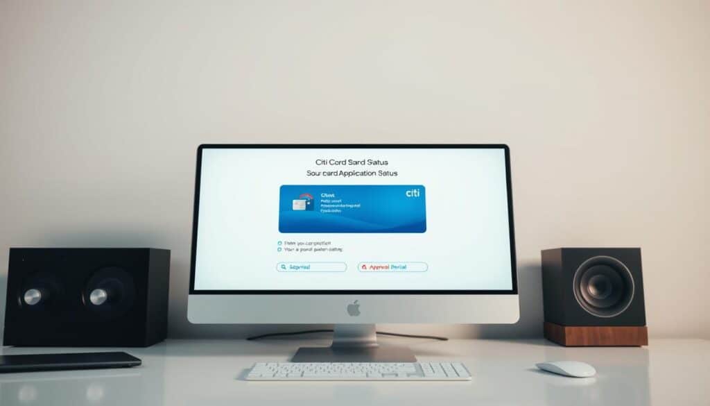 A detailed, realistic illustration of a Citi credit card application status screen, showcased against a clean, professional desktop backdrop. Captured with a high-resolution camera lens, the screen displays step-by-step application progress, from initial submission to final approval or denial, with clear visual indicators. The scene is bathed in soft, indirect lighting, creating a calming, informative atmosphere. The overall composition emphasizes the simplicity and transparency of the application process, aligned with the article's subject matter. A detailed, realistic illustration of a Citi credit card application status screen, showcased against a clean, professional desktop backdrop. Captured with a high-resolution camera lens, the screen displays step-by-step application progress, from initial submission to final approval or denial, with clear visual indicators. The scene is bathed in soft, indirect lighting, creating a calming, informative atmosphere. The overall composition emphasizes the simplicity and transparency of the application process, aligned with the article's subject matter.