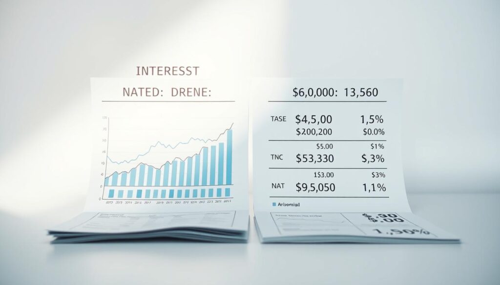 A detailed side-by-side comparison of interest rates, highlighting the nuanced differences in borrowing costs between various lending options. The scene is set against a clean, minimalist background, with financial graphs and charts displayed prominently to provide visual context. The lighting is soft and diffused, creating a sense of clarity and professionalism. The composition emphasizes the importance of carefully evaluating the overall cost of credit, rather than solely focusing on the interest rate. The image conveys a tone of informed decision-making, empowering the viewer to make the best financial choice for their specific needs.