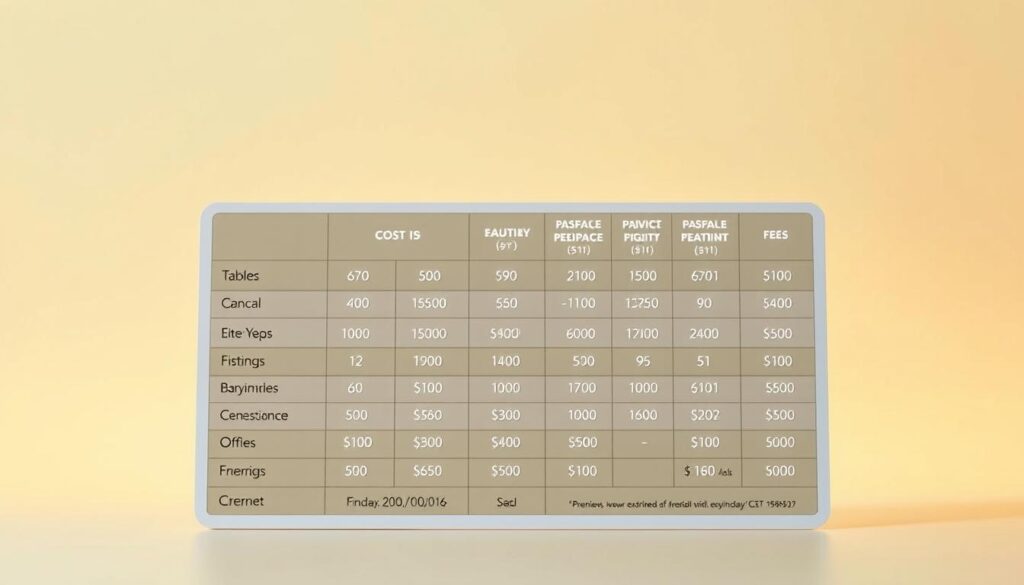 A detailed table showcasing the costs and fees of the BPI Gold credit card, presented against a clean and professional backdrop. The table should be the central focus, rendered in high resolution with precise alignment and typography. The overall aesthetic should convey a sense of financial transparency and clarity, with a subtle, warm lighting scheme that enhances the impression of a premium banking product. The background should be a muted, neutral tone, allowing the table and its contents to take center stage. The overall composition should feel polished, organized, and designed to effectively communicate the key information to the viewer.