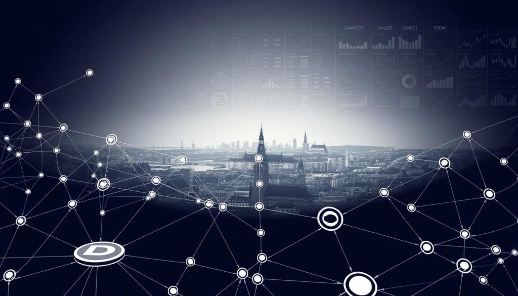 A detailed, technical illustration of the Danish stock market's structure. In the foreground, a complex web of interconnected nodes and lines representing the various financial instruments, trading platforms, and market participants. In the middle ground, a panoramic view of the Copenhagen cityscape, symbolizing the national economic landscape. In the background, a minimalist grid of charts, graphs, and data visualizations, conveying the analytical and data-driven nature of the market. Crisp, high-contrast rendering with a muted color palette, emphasizing the precise, systematic nature of the system. Dramatic lighting from multiple angles to highlight the depth and complexity of the markedsstruktur.