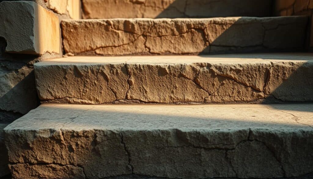 A detailed view of weathered stone steps, with cracks and worn textures reflecting the passage of time. The steps are set against a neutral, muted background, allowing the textural qualities to take center stage. Warm, soft lighting from an angle casts gentle shadows, accentuating the depth and contours of the stone. The composition is framed to emphasize the sense of age and wear, conveying a sense of the persistent, steadfast nature of these steps as they have endured through the years. The image aims to evoke a feeling of resilience and the impact of credit ratings on the everyday experiences of consumers and businesses.