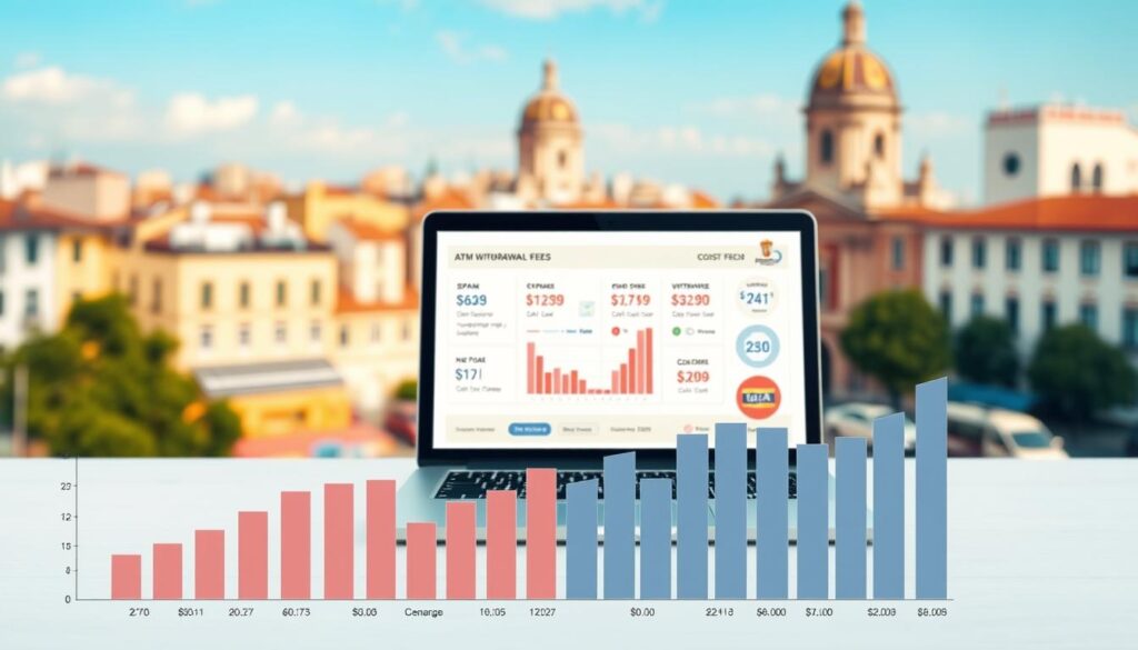A detailed, visually striking cost analysis illustration depicting a financial comparison between scenarios with and without ATM withdrawal fees in Spain. The foreground shows a clean, minimalist graph displaying the cost differences, with carefully selected data visualization elements. The middle ground features a laptop displaying relevant financial data, surrounded by icons and infographic elements conveying the key concepts. The background has a blurred cityscape of Spain, with architectural details and a warm, inviting color palette to establish the geographic context. The overall mood is one of informative clarity, with a professional, analytical tone to align with the topic of the article section.