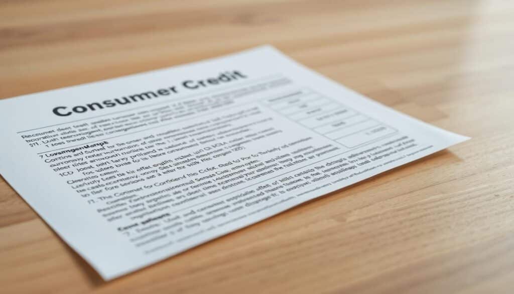 A detailed, well-lit real-world financial document depicting a consumer credit example. The document is positioned in the foreground, placed on a wooden desk or table with a clean, neutral background. The document's text and numerical information are clearly legible, showcasing the key details of the credit arrangement. The lighting is soft and natural, highlighting the document's formal, professional appearance. The overall mood is one of informative clarity, conveying the practical, educational nature of the subject matter.