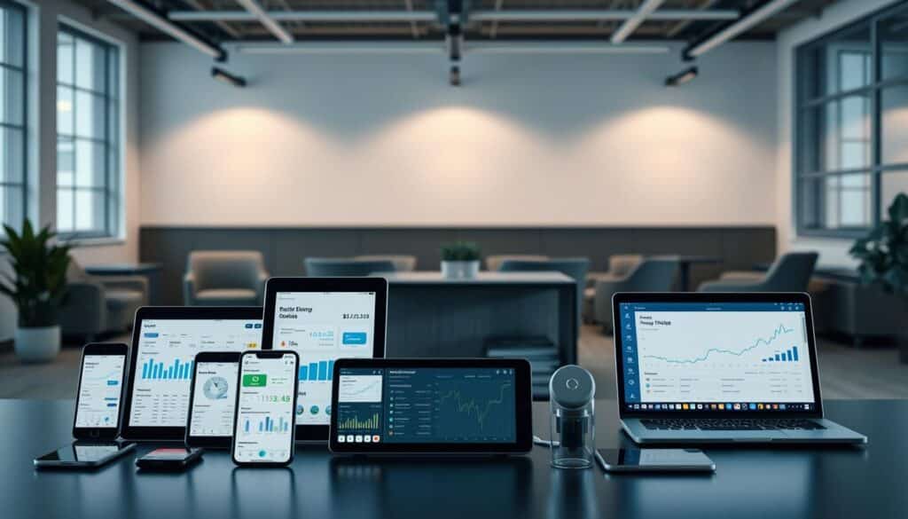 A digital financial toolkit against a modern office backdrop. In the foreground, various mobile devices, tablets, and laptops display financial dashboards, budgeting apps, and investment tracking tools. The middle ground showcases digital banking interfaces, contactless payment methods, and financial planning software. In the background, a minimalist office setting with clean lines, sleek furniture, and subtle lighting creates a professional, tech-savvy atmosphere. The overall scene conveys a sense of streamlined, efficient financial management enabled by the latest digital tools and technologies. A digital financial toolkit against a modern office backdrop. In the foreground, various mobile devices, tablets, and laptops display financial dashboards, budgeting apps, and investment tracking tools. The middle ground showcases digital banking interfaces, contactless payment methods, and financial planning software. In the background, a minimalist office setting with clean lines, sleek furniture, and subtle lighting creates a professional, tech-savvy atmosphere. The overall scene conveys a sense of streamlined, efficient financial management enabled by the latest digital tools and technologies.