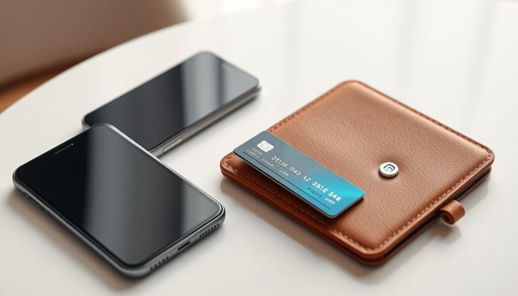A digital wallet displayed on a modern, minimalist table, with a smartphone and various payment cards neatly arranged. The wallet is made of high-quality leather, with a sleek, modern design. The lighting is soft and diffused, creating a warm, inviting atmosphere. The cards are partially visible, showcasing their integrated features and branding. The overall scene conveys the convenience and security of a digital wallet, complementing the section's focus on the benefits of integrated payment cards.