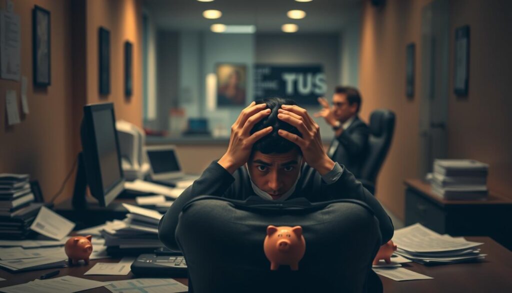 A dimly lit bank office, with a desktop computer and scattered papers on the desk. The foreground features a confused individual, hands on their head, surrounded by various financial documents and piggy bank figurines, symbolizing common savings mistakes. The middle ground depicts a financial advisor sitting across the desk, gesturing emphatically, providing guidance. The background is blurred, suggesting a sense of unease and uncertainty. Warm, muted tones create a contemplative atmosphere, inviting the viewer to consider the challenges and solutions related to effective savings practices. A dimly lit bank office, with a desktop computer and scattered papers on the desk. The foreground features a confused individual, hands on their head, surrounded by various financial documents and piggy bank figurines, symbolizing common savings mistakes. The middle ground depicts a financial advisor sitting across the desk, gesturing emphatically, providing guidance. The background is blurred, suggesting a sense of unease and uncertainty. Warm, muted tones create a contemplative atmosphere, inviting the viewer to consider the challenges and solutions related to effective savings practices.