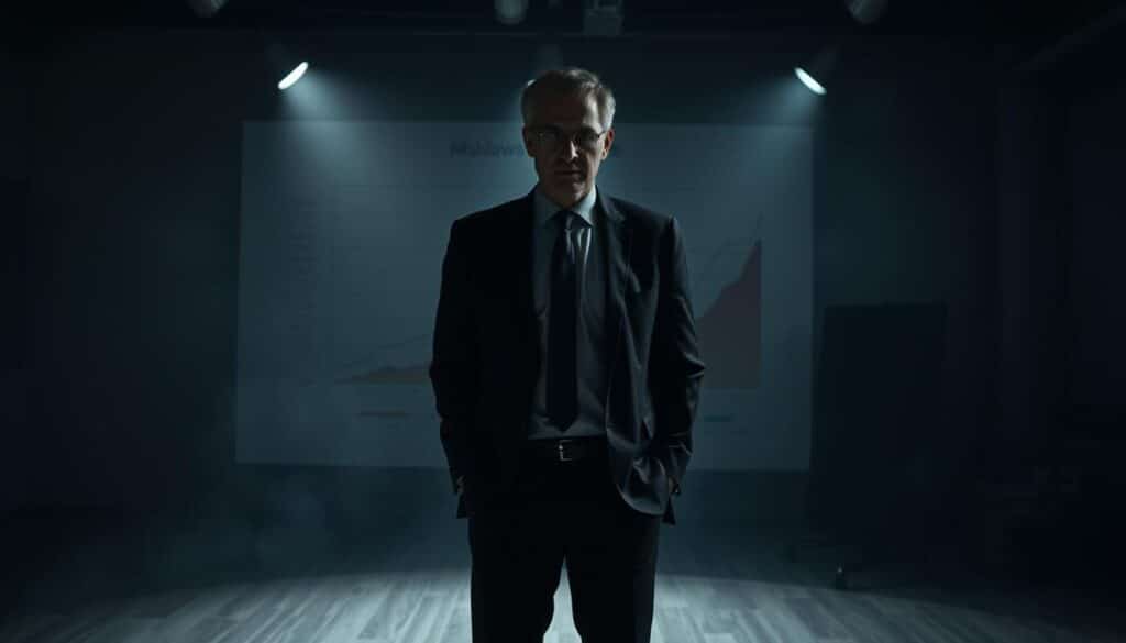 A dimly lit corporate office setting, with a businessman standing before a large, foreboding chart depicting various financial risks. The chart is illuminated by a single spotlight, casting dramatic shadows across the executive's face, conveying a sense of gravity and the weight of investment decisions. In the background, the room is shrouded in a hazy, subdued atmosphere, emphasizing the seriousness of the task at hand. The man's posture is upright and attentive, his expression one of careful contemplation, reflecting the importance of effective risk management strategies. The scene is captured with a cinematic, high-contrast, and moody lighting setup, heightening the dramatic tension and the sense of professional responsibility.