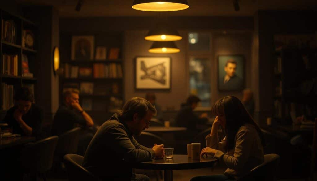 A dimly lit, cozy coffee shop interior. In the foreground, two people sitting at a small table, engaged in conversation, their faces partially obscured by the warm glow of overhead lighting. In the middle ground, other patrons sip drinks and type on laptops, creating a sense of casual intimacy. The background is hazy, with blurred shelves of books and art adorning the walls, giving the scene a sense of privacy and seclusion. The overall mood is one of quiet connection, with a touch of mystery, as the two individuals negotiate the nuances of an online meeting in person.