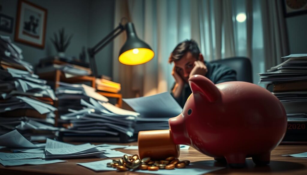 A dimly lit home office, a stressed individual sitting at a cluttered desk, surrounded by crumpled papers and an overflowing inbox. The desk lamp casts a warm, amber glow, highlighting the person's furrowed brow as they struggle to make sense of their financial documents. In the foreground, a piggy bank lies tipped over, its contents spilled, symbolizing the lack of a proper emergency fund. The background is hazy, conveying the sense of uncertainty and unease that comes with financial instability. The scene evokes a feeling of disorganization and the need for a more structured approach to personal finance.