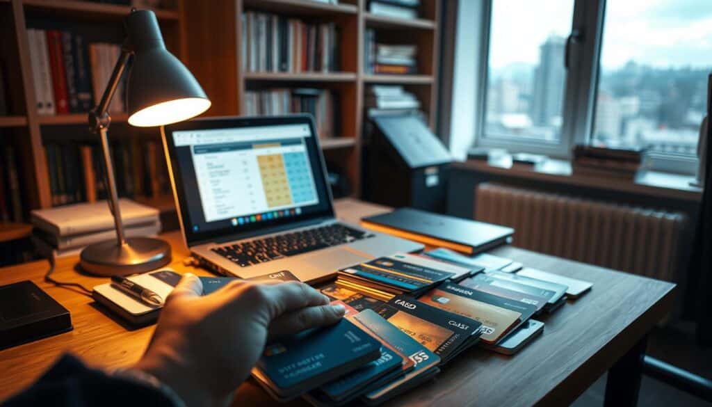 A dimly lit office desk, the warm glow of a desk lamp illuminating an array of credit cards neatly arranged. In the foreground, a hand hovers over the cards, carefully considering each option. The middle ground features a laptop displaying comparison charts and reviews, guiding the decision-making process. The background showcases a bookshelf filled with financial guides and a window offering a glimpse of a cityscape, suggesting the importance of this financial choice. The scene exudes a sense of thoughtfulness and deliberation, capturing the essence of the section title "Sådan vælger du det rigtige kreditkort".