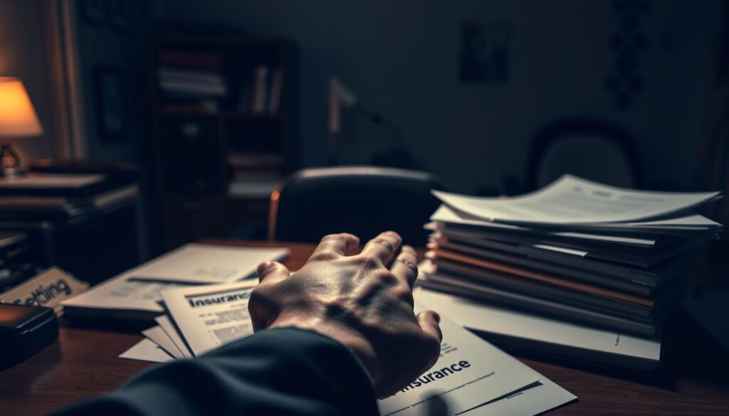 A dimly lit office setting, with a cluttered desk and a stack of insurance documents. In the foreground, a person's hand hovers over a form, hesitant and unsure. The background is blurred, creating a sense of focus on the decision-making process. Soft, warm lighting casts shadows across the scene, evoking a contemplative mood. The composition emphasizes the importance of careful consideration when selecting insurance policies, hinting at the potential for costly mistakes if done hastily or without proper research. A dimly lit office setting, with a cluttered desk and a stack of insurance documents. In the foreground, a person's hand hovers over a form, hesitant and unsure. The background is blurred, creating a sense of focus on the decision-making process. Soft, warm lighting casts shadows across the scene, evoking a contemplative mood. The composition emphasizes the importance of careful consideration when selecting insurance policies, hinting at the potential for costly mistakes if done hastily or without proper research.