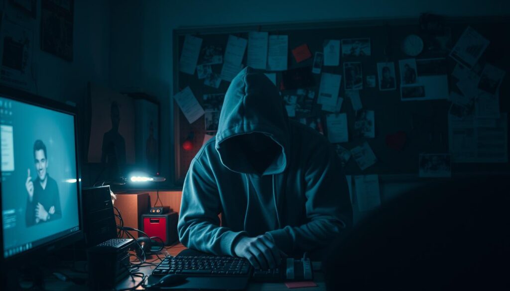 A dimly lit office setting, with a computer monitor casting an eerie glow. In the foreground, a shadowy figure hunched over the keyboard, their face obscured by a hooded sweatshirt. Surrounding them, an array of various electronic devices and wires, hinting at the complex nature of the "social engineering" scheme. In the background, a cork board adorned with notes, photos, and other suspicious-looking items, creating an atmosphere of mystery and intrigue. The scene is lit by a combination of soft, diffused lighting and the flickering of the monitor, evoking a sense of unease and the underhanded nature of the activities taking place.