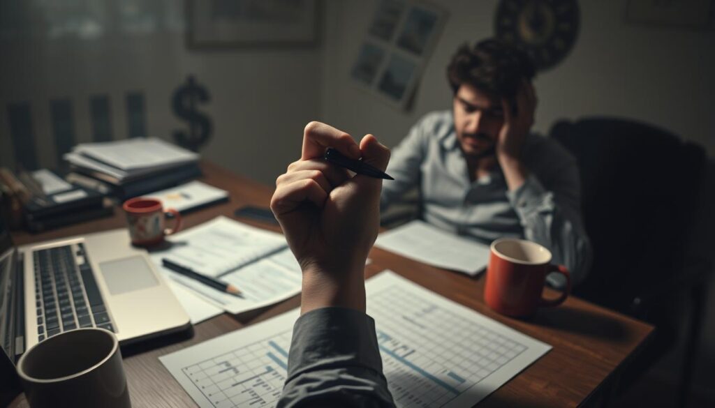 A dimly lit office setting, with a desk cluttered with financial documents, a laptop, and a coffee mug. In the foreground, a hand grasps a pen, poised above a spreadsheet, but the expression on the person's face is one of frustration and confusion. The background is hazy, suggesting a sense of uncertainty and unease. Soft, moody lighting casts long shadows, creating a sense of tension and foreboding. The overall atmosphere conveys the feeling of a person making poor investment decisions, highlighting the need for caution and research when venturing into the world of investing.