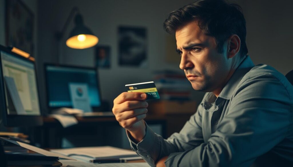 A dimly lit office setting, with a frustrated individual sitting at a desk, staring intently at a bank card in their hand. The background is cluttered with scattered papers, a computer monitor, and a desk lamp casting a soft, warm glow. The person's expression conveys a sense of confusion and irritation, as they grapple with the challenges of replacing their bank card. The scene is captured from a slightly elevated angle, creating a sense of tension and unease. The overall atmosphere is one of minor chaos and the difficulties associated with the mundane task of card replacement.