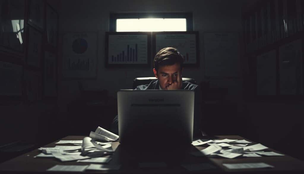 A dimly lit office space, the walls adorned with financial charts and graphs. In the center, a desk stands, its surface cluttered with scattered receipts and a laptop displaying a complex spreadsheet. The lighting casts dramatic shadows, creating a sense of uncertainty and unease. A person, their face obscured, sits pensively, brow furrowed, contemplating the variable nature of their budget. The scene conveys the challenges of managing personal finances, the constant need to adapt and adjust to unpredictable income streams.