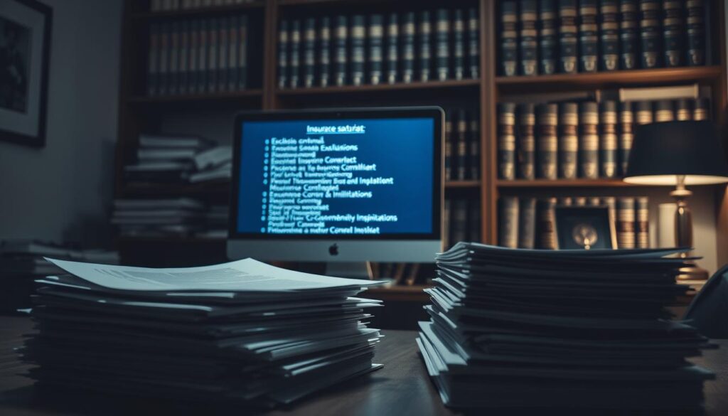 A dimly lit office space, with a sense of seriousness and attention to detail. In the foreground, a stack of documents and folders, symbolizing the complexities of insurance policies. The middle ground features a desktop computer, its screen displaying a list of "exclusions" and "limitations" in the insurance contract. In the background, a bookshelf filled with thick insurance manuals, casting an authoritative presence. The lighting is muted, creating a somber and contemplative atmosphere, highlighting the importance of understanding the fine print when it comes to insurance coverage. A dimly lit office space, with a sense of seriousness and attention to detail. In the foreground, a stack of documents and folders, symbolizing the complexities of insurance policies. The middle ground features a desktop computer, its screen displaying a list of "exclusions" and "limitations" in the insurance contract. In the background, a bookshelf filled with thick insurance manuals, casting an authoritative presence. The lighting is muted, creating a somber and contemplative atmosphere, highlighting the importance of understanding the fine print when it comes to insurance coverage.
