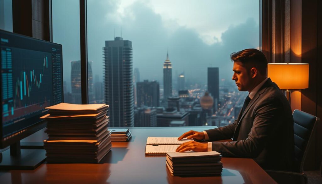 A dimly lit office with a large window overlooking a bustling city skyline. In the foreground, a well-dressed businessman sits at a sleek, modern desk, brow furrowed as he scrutinizes financial charts and graphs displayed on a high-resolution monitor. The middle ground features a towering stack of reports and documents, casting ominous shadows across the room. In the background, the city outside is obscured by a thick, foreboding fog, hinting at the unpredictable nature of the stock market. The lighting is a mix of warm desk lamps and the cool, bluish glow of the computer screen, creating a sense of tension and unease. The overall mood evokes the risks and uncertainties associated with stock trading.