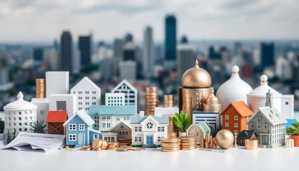 A diverse array of investment options, each with its own unique characteristics, arranged in a visually striking layout. In the foreground, a variety of financial instruments such as stocks, bonds, and real estate are prominently displayed, captured in a clean, minimalist style with a focus on their distinct shapes and textures. The middle ground showcases more complex investment vehicles like mutual funds, ETFs, and alternative assets, their intricate details rendered with meticulous precision. In the background, a softly blurred cityscape serves as a backdrop, suggesting the broader economic landscape in which these investments operate. The overall composition conveys a sense of balance, order, and the multifaceted nature of modern investing, inviting the viewer to explore the diverse possibilities for growing their wealth.