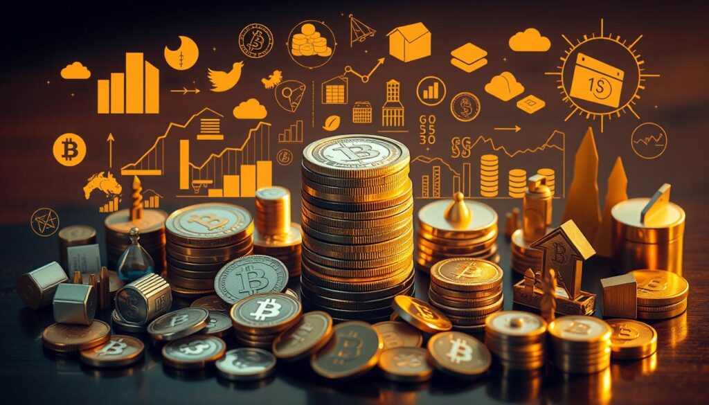 A diverse, balanced investment portfolio with various financial assets represented. A central focal point of a stack of coins, bills, stocks, and bonds, surrounded by smaller icons of real estate, precious metals, cryptocurrencies, and other investment vehicles. Warm, golden lighting illuminates the scene, casting long shadows and creating a sense of depth and dimensionality. The composition is symmetrical and harmonious, symbolizing the stability and security of a well-diversified portfolio. The overall mood is one of financial prosperity, security, and long-term growth.