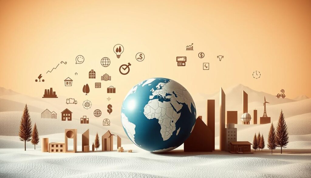 A diverse investment portfolio with various financial instruments, such as stocks, bonds, real estate, and commodities, arranged in a visually appealing and balanced composition. The foreground features a central globe or world map, symbolizing the global nature of investments, surrounded by smaller icons representing different asset classes. The middle ground showcases a well-organized grid or matrix of these investment symbols, suggesting the principle of diversification. The background depicts a serene, minimalist landscape with clean lines and a soft, muted color palette, creating a sense of stability and soundness. The overall scene is illuminated by warm, natural lighting, conveying a sense of financial security and growth.