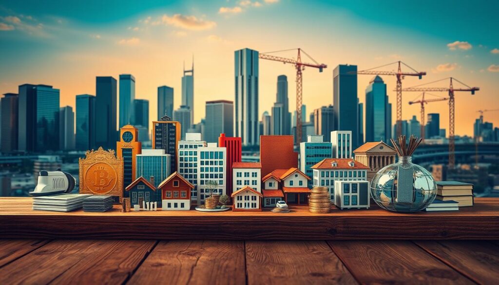 A diverse portfolio of financial assets, arranged in a well-balanced composition. A sturdy wooden table in the foreground, supporting a variety of investment vehicles - stocks, bonds, real estate, and alternative instruments. The middle ground features a backdrop of modern cityscape, with skyscrapers and cranes, symbolizing the dynamic economic landscape. Warm, golden lighting illuminates the scene, conveying a sense of stability and growth. The overall atmosphere exudes a tone of carefully considered diversification, the key to building a robust investment strategy.